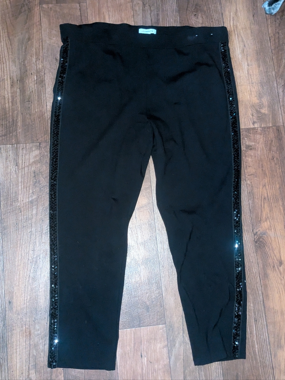 Liz Claiborne Black Ponte Leggings Tuxedo Sequin Side-Stripe Detail 2x Women's